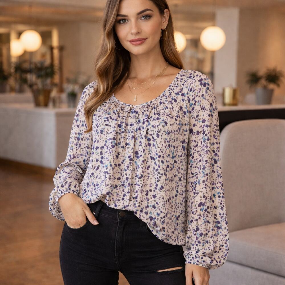 Sanctuary Anthropologie 100% Silk Speckled Button Up Blouse Roll Tab Sleeve Sz S